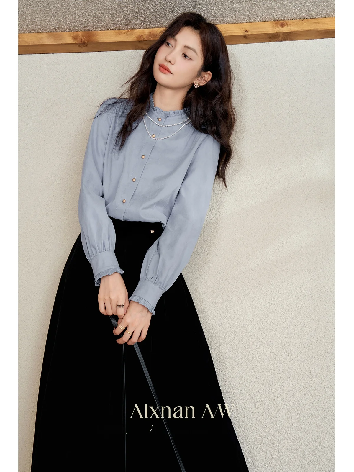 

Blue Long Sve Thiened Women's irt Inner Wear French Sle Loose Fit round Ne Button down Casual irt for Autumn Winter