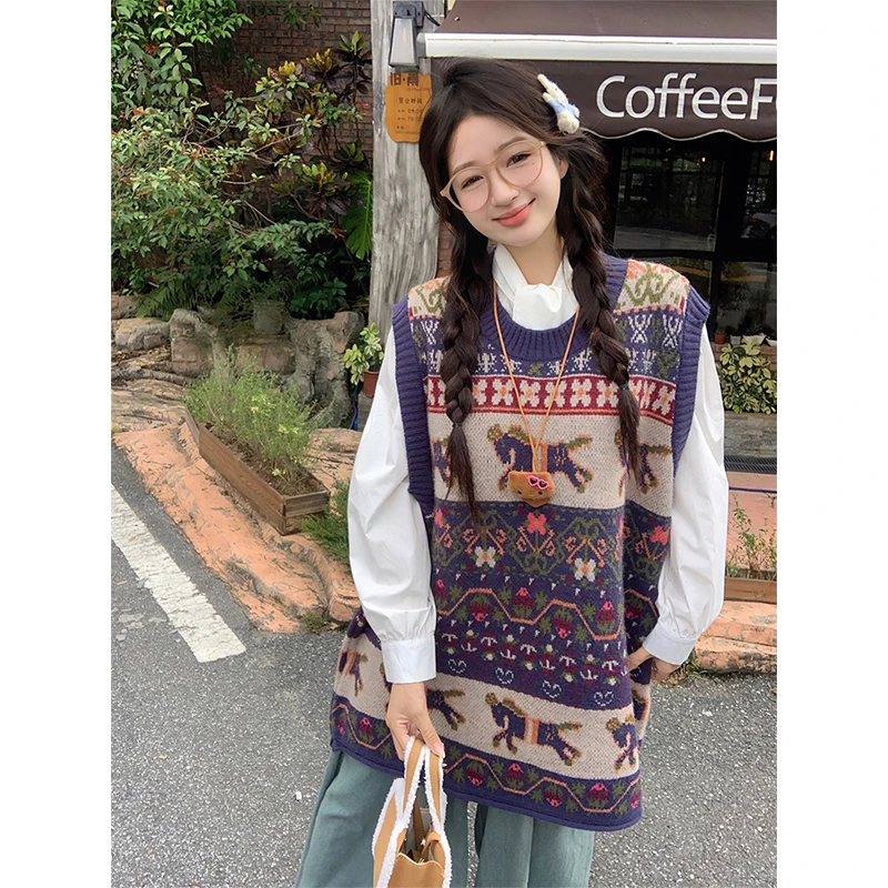 

MEXZT Vintage Print Sweater Vest Women Harajuku Cartoon Knitted Pullovers Waistcoat Japanese Sleeveless Knitwears Winter Jumpers