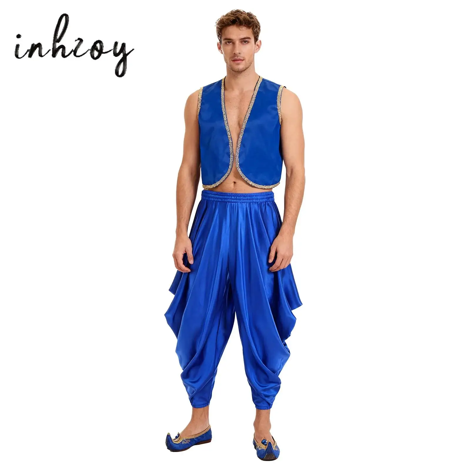 

Mens Arab Prince Role play Costumes Gold Trim Sleeveless Open Front Vest and Harem Pants for Halloween Raves Theme Party Cosplay