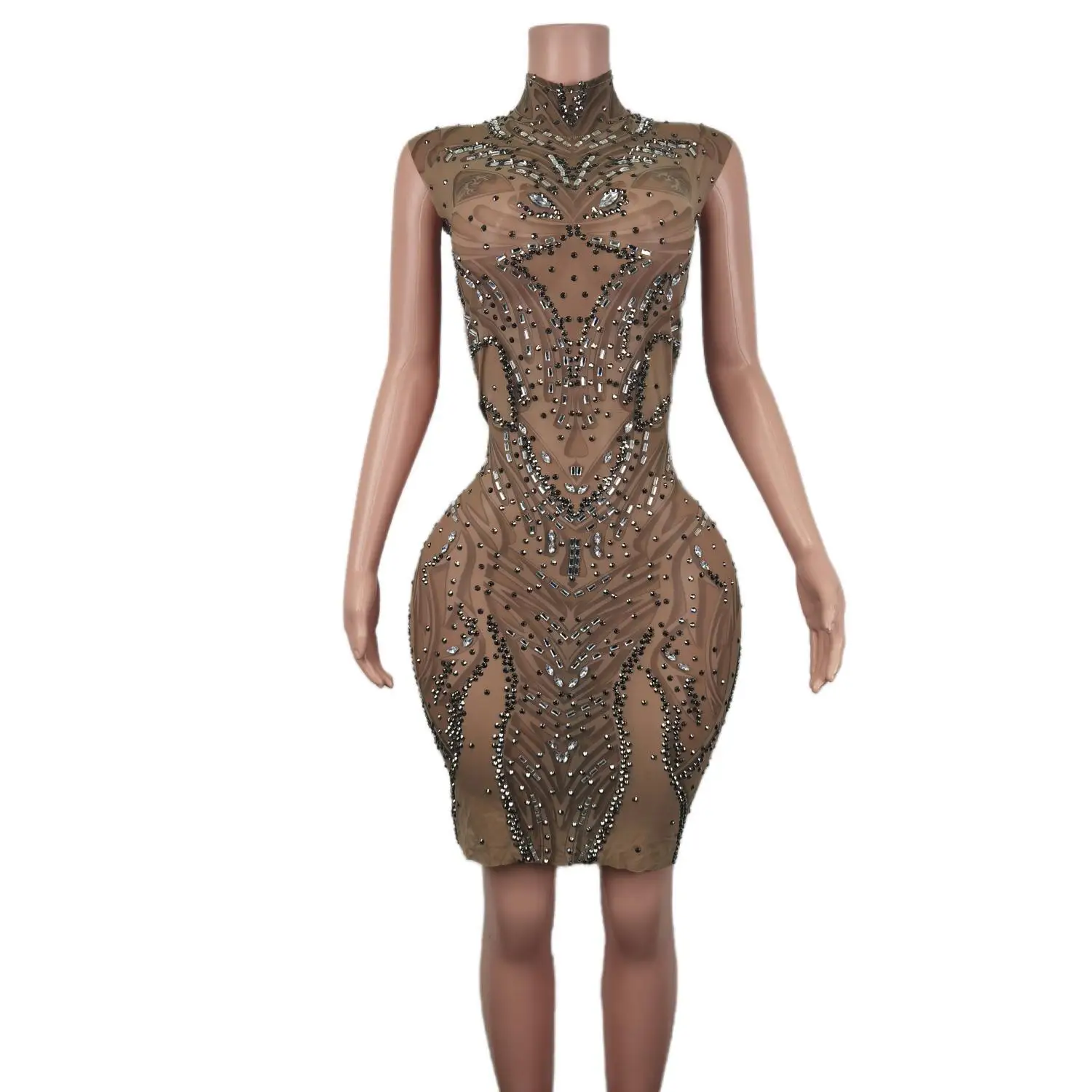 Vestido curto sem mangas com strass brilhantes para mulheres, cantor de celebridades, vestido transparente sexy, traje de festa de aniversário,