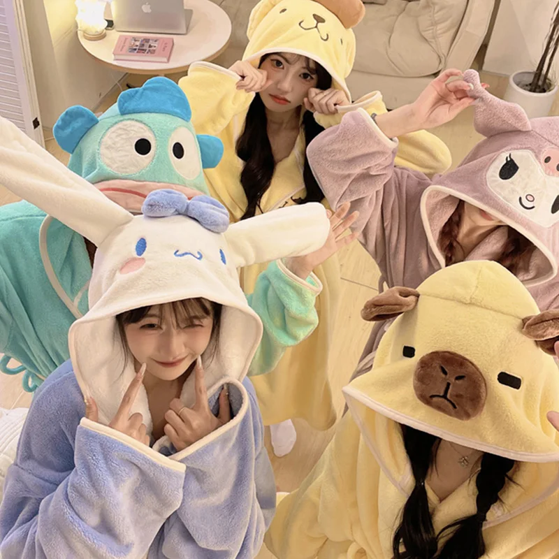 Miniso Hooded Nightgown Mymelody Kuromi Capybara Women'S New Autumn And Winter Coral Fleece Bathrobe Home Clothes Birthday Gift