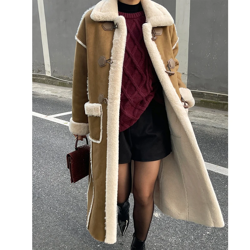 

Lamb Fur Collar Thiened Long Cotton Jaet Women's Autumn Winter New Sle over Knee Leather And Fur Coat