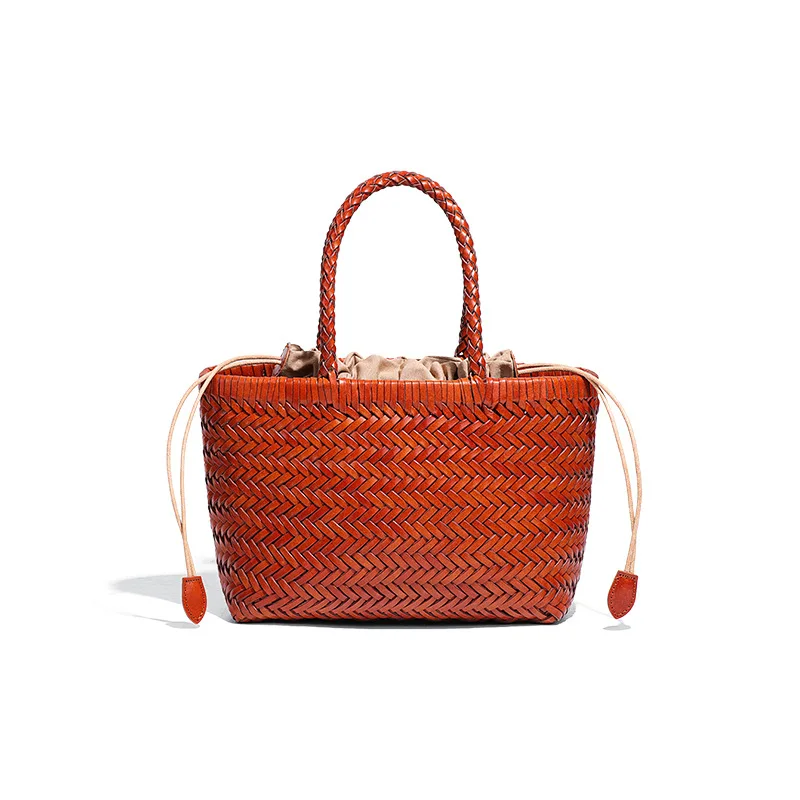 

Hand-woven niche design vegetable basket leather handbag French retro shoulder rattan bag