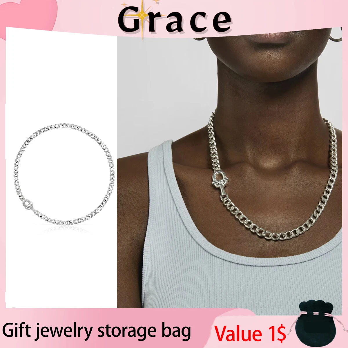 2024 S925 Silver High Quality New Series of Avant-garde From Dream Large Bold Silver Round Buckle Necklace, Delicate and Cute