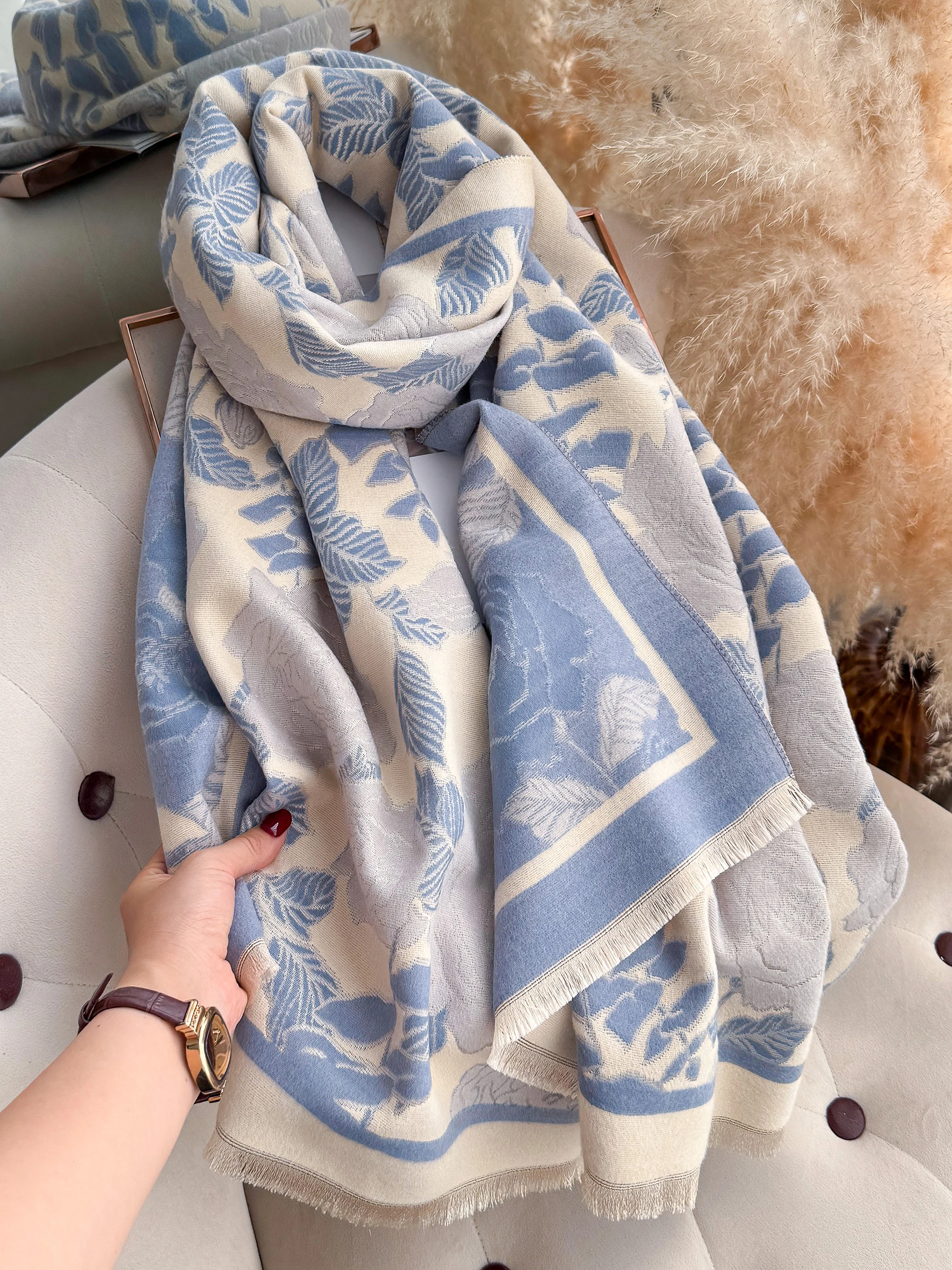 Soft Faux Cashmere Stole, Womens Large Floral Rose Jacquard Shawl Wrap, Short Fringe Edge Oversized Scarf for Cold Weather
