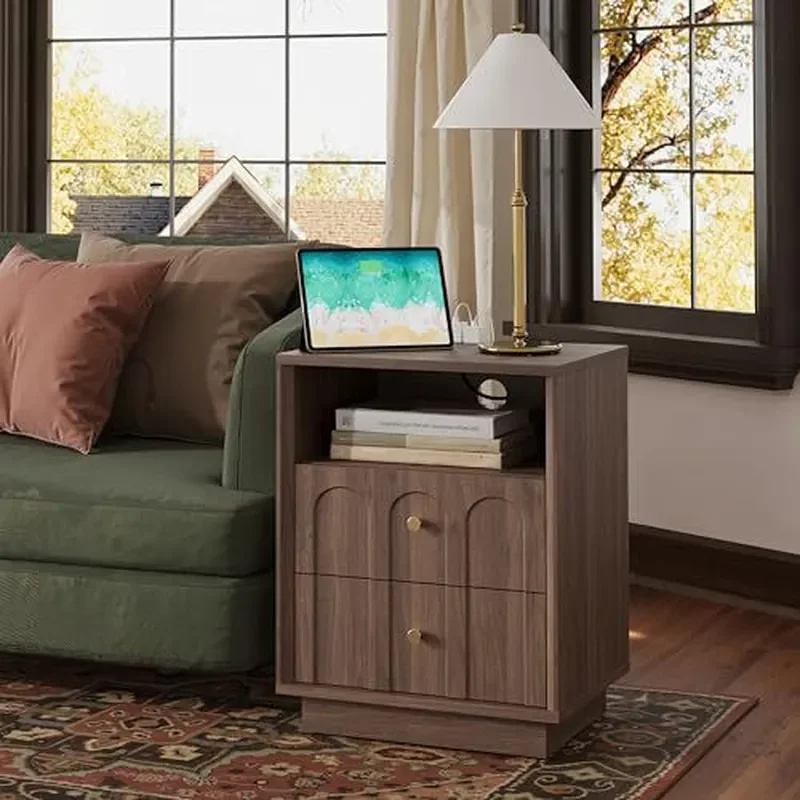 Medieval Arched Bedside Table with Charging Station Simple Wood Grain Side Table for Bedroom Nightstand Storage Furniture