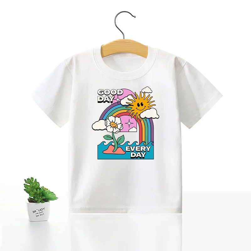 Детская футболка с принтом Good Day, милый Повседневный хлопковый топ с коротким рукавом для мальчиков и девочек, летняя детская дышащая одежда