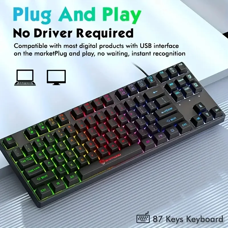 Rainbow Backlit Mechanical Feel Gaming Keyboard, 87-Key Wired Gaming Keyboard with Mute Button, USB Plug and Play