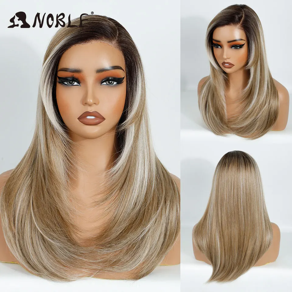 Edle, gerade geschnittene, synthetische Perücken mit Spitze am Vorderteil für Damen, seitlich geteilte Perücke mit vorgezupfter Haaransatzlinie, gestufte Perücke, Ombré-Blond-Weiß-Cosplay-Perücke. – Detail 10
