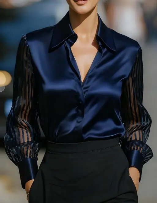 

Autumn Solid Color Lapel Striped Mesh Patchwork Lantern Sleeve Shirt for Women, Fashionable and Trendy Commuting Style Shirt