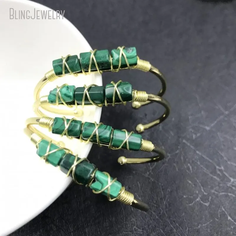 10pcs K Gold Color Stainless Steel Bangle Birthstone Malachite Stone Couple Bracelet Women Wedding Jewelry Cuff Gift  Accessory