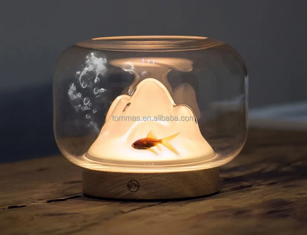 Literary And Creative Glasses Warm Mountain Desktop Night Light With Fish Tank Design