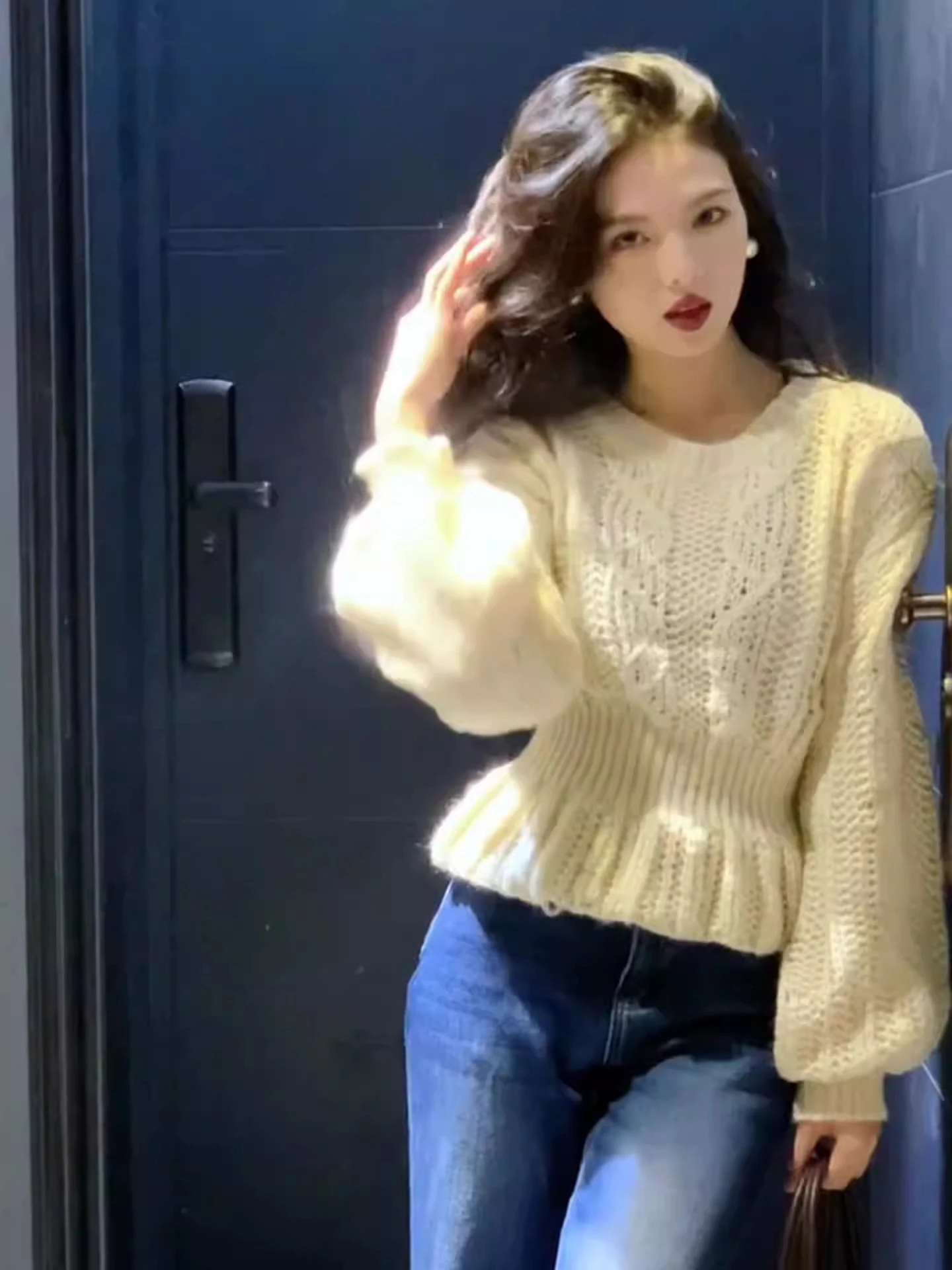 

Ele Мягкий вязаный свитер, женский осенне-зимний свитер с застежкой на талии, однотонный французский свитер, длинный све, теплый, Thiened