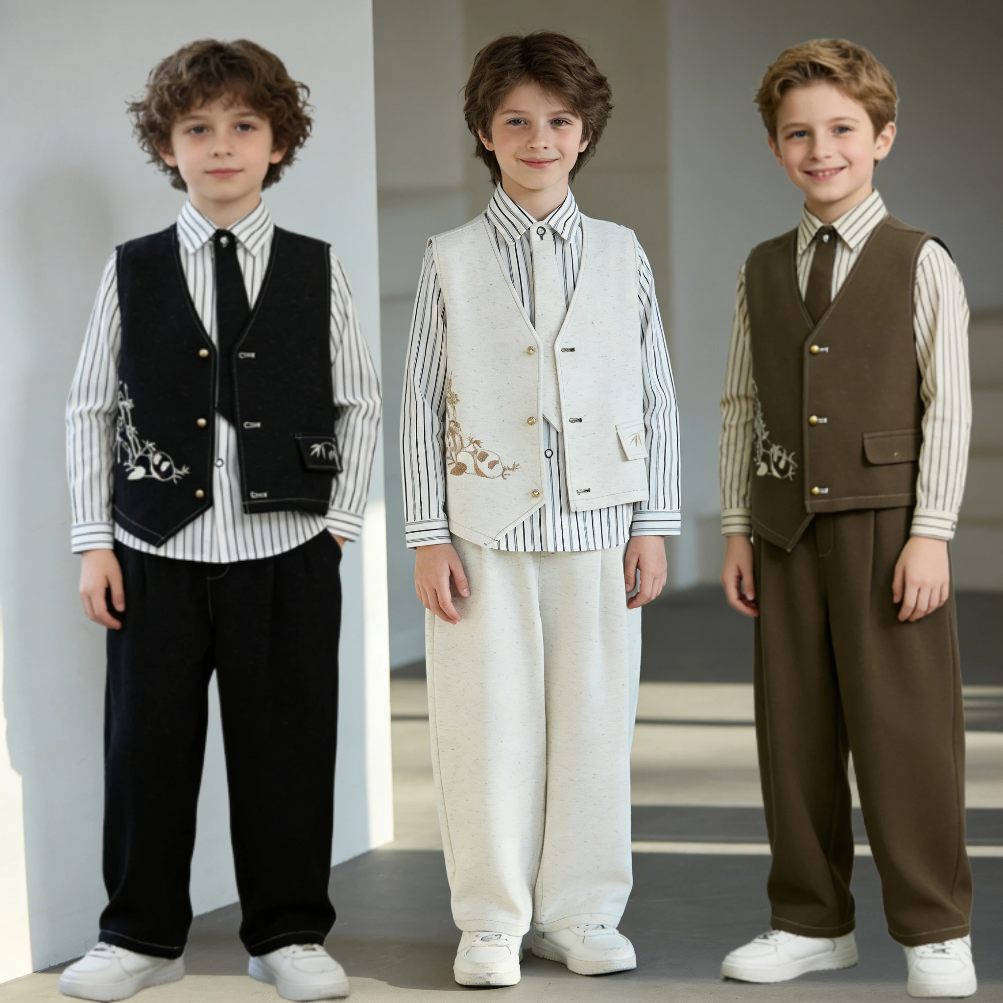

Boys Chinese Style Panda Embroidery Vest Suit Set Kids Formal Outfit Striped Shirt Wide Leg Pants for Wedding Party Stage Show