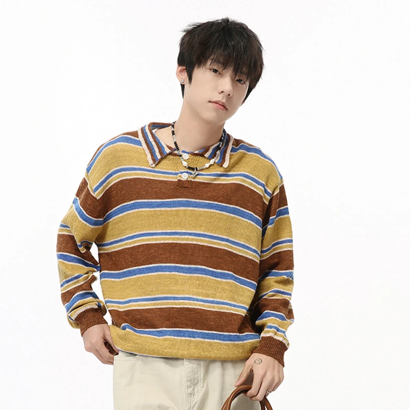 IEFB American Style Men\'s Sweaters Vintage Striped Contrast Color Turn-down Collar Loose Autumn Male Tops New Stylish 9C7434