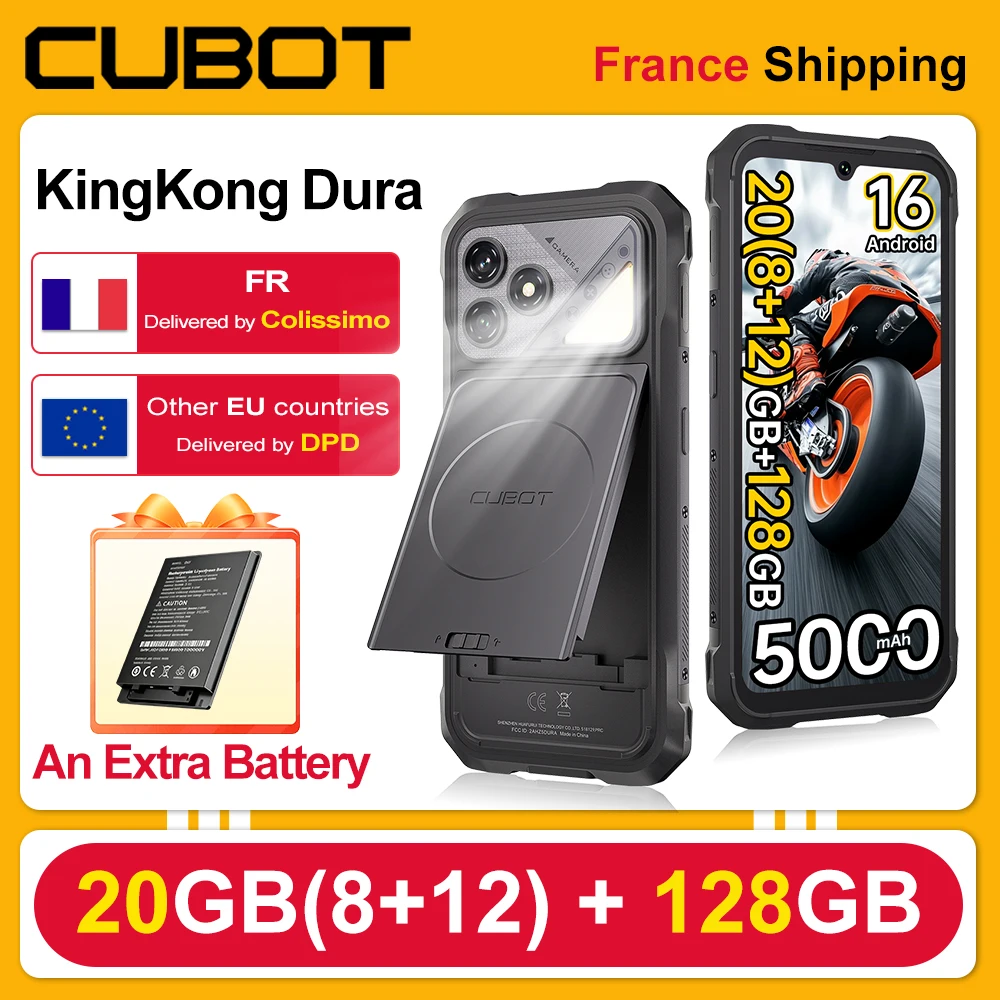 [Spedizione dalla Francia] Cubot KingKong Dura, smartphone Android resistente, 16, Batteria rimovibile da 5000mAh * 2,  20 (8+12) GB di RAM + 128 GB d