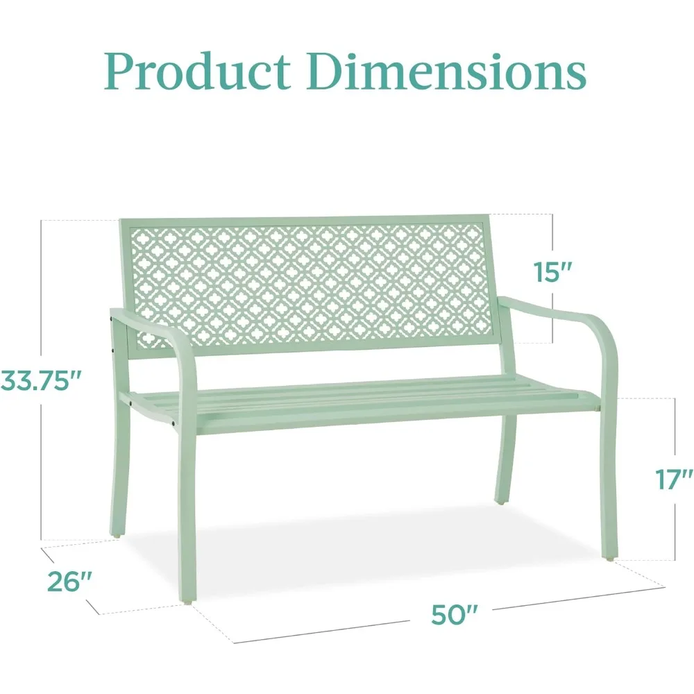 Outdoor Bench 2-Person Metal Steel Benches Furniture for Garden, Patio, Porch, w/Geometric Backrest, 790lb Capacity - Mint Green