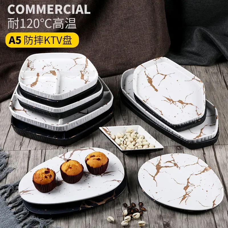Nordic Restaurant Pizza Snack Plate Square Melamine Service Plate Creative Marble Gold Pattern Western Dish with Grid Steak Plat