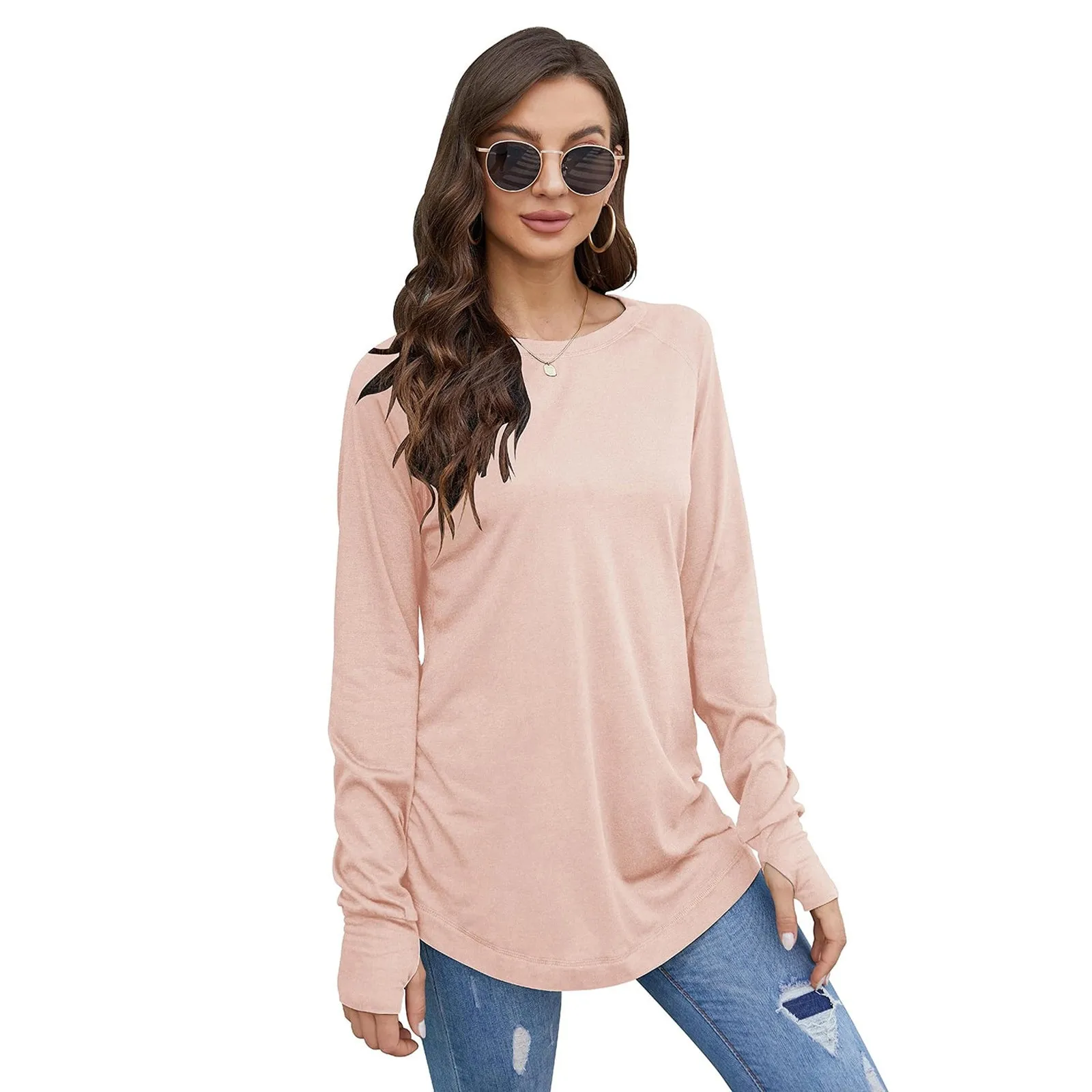 Women\'s T-Shirt Solid Round Neck Loose Long Sleeve Medium Length Comfy Thumb Hole Shirts Basic Stretch Layer Thumb T-shirt Top