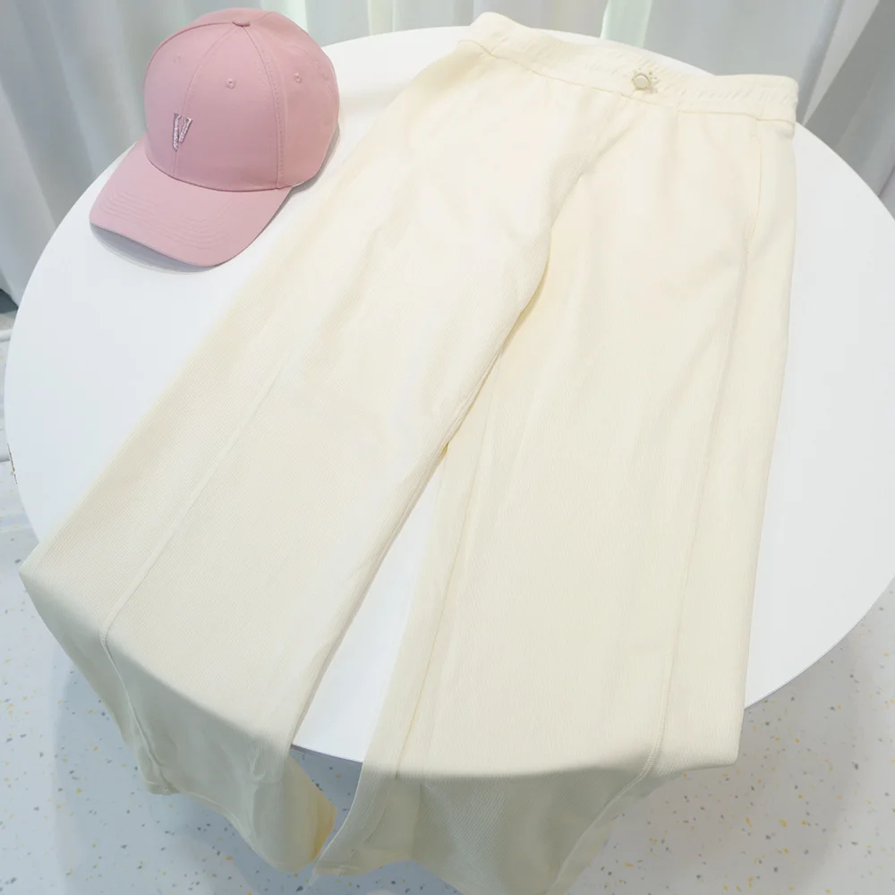 

Women Comfortable Skin Friendly Yoga Pants Casual Wide Leg Ribbed Air Layer Loose Straight Leg Long Pants High Waist Drawstring