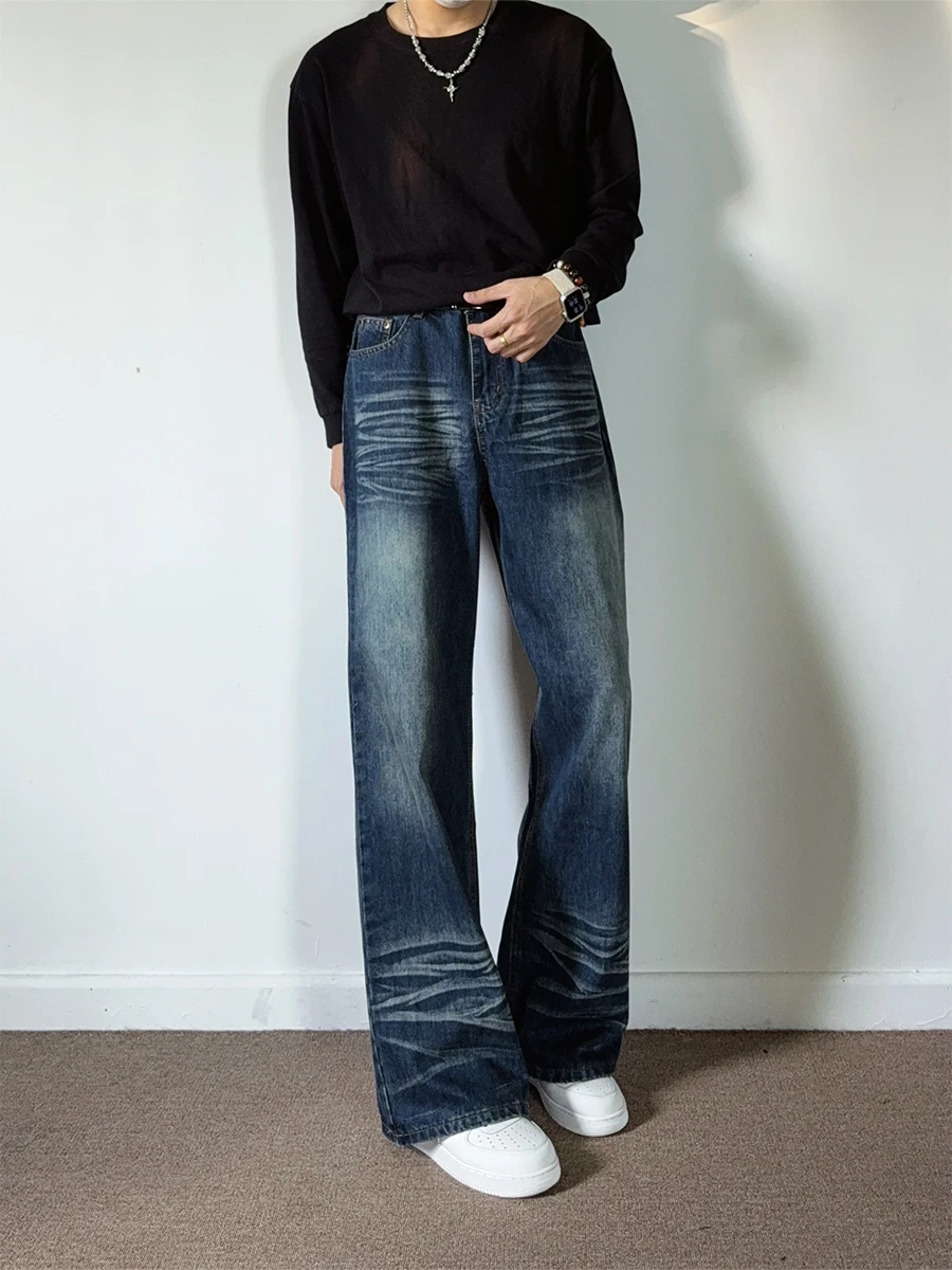

American Retro Wide Leg Blue Jeans Men's High Street Loose Straight Loose Long Trousers Wear Resistant Casual Jeans
