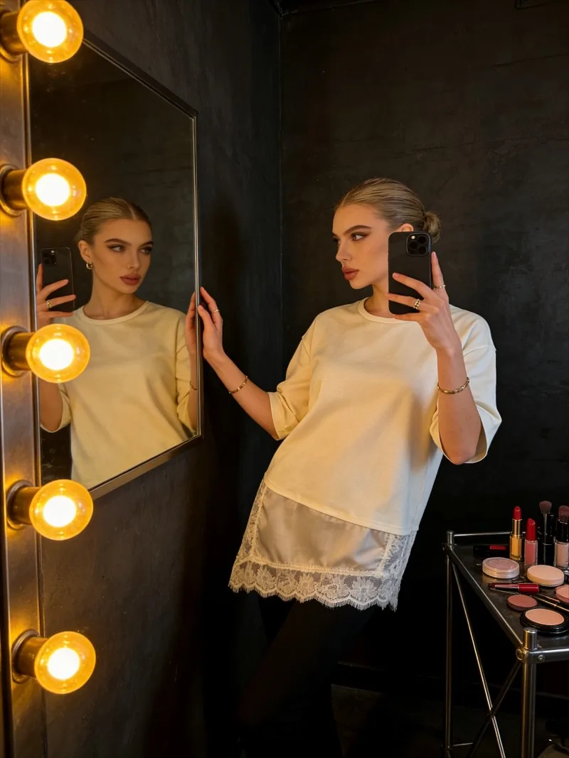 T-shirts longs en dentelle irrégulière pour femmes, pull élégant, vêtements d'intérieur, col rond, manches courtes, Chic de rue, pour dames