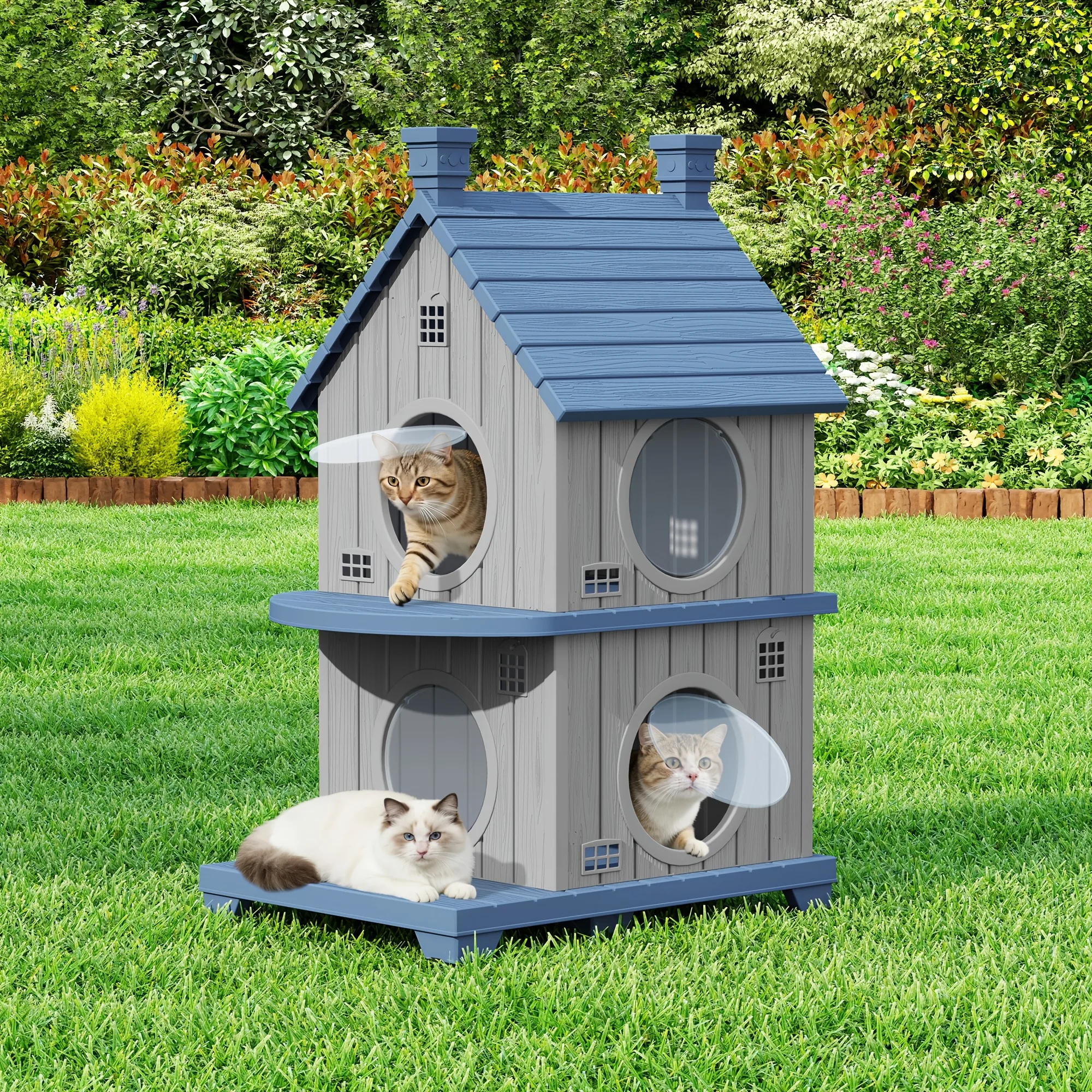 

2-Story Outdoor Cat Apartment, Polypropylene Cat Shelter with 6 Flip-Up Doors & Dual-Side Ventilation, Elevated Cat Condo with Removable Back Panel & Balcony, All-Weather Cat Kennel for Multiple Cats/Stray Cats/Rabbits, Black/Blue