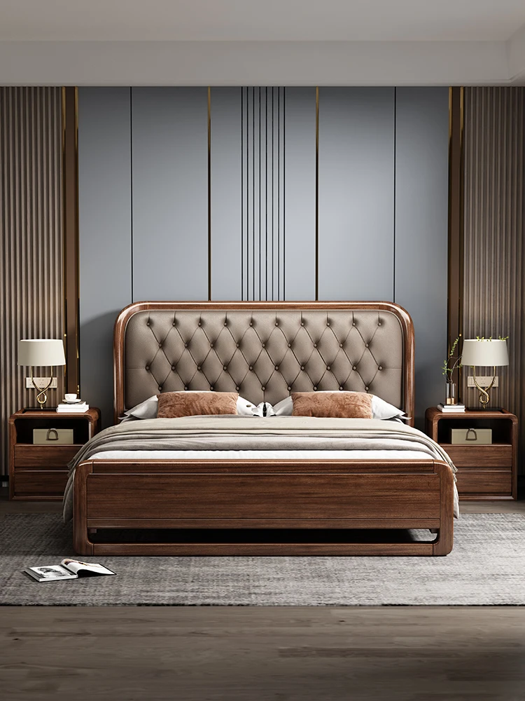 

Solid wood bed walnut leather soft bed modern simple double king bed light luxury master bedroom high box new Chinese wedding be