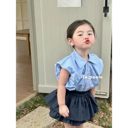 Children Clothing Set Girls Single Breasted Sleeveless Top and Culottes 2023 New Summer Fashionable Casual Sweet Two Piece Set