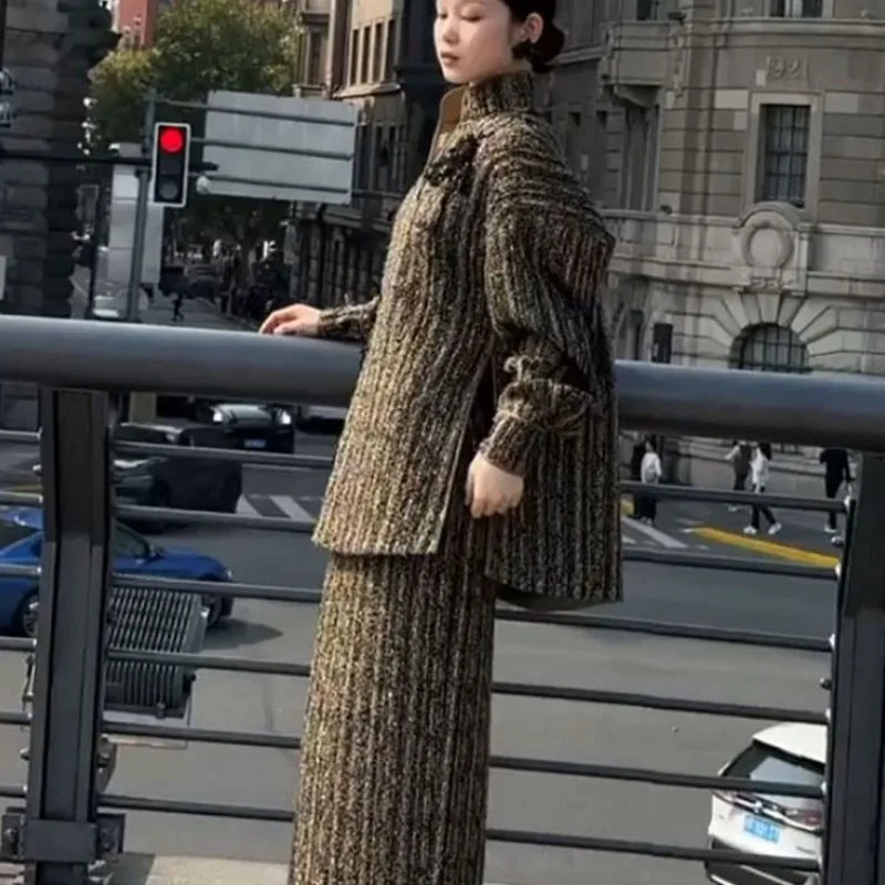 

Retro Suit Skirt Women 2025 New Autumn and Winter V-neck Woolen Coat Skirt Two-piece Skirt