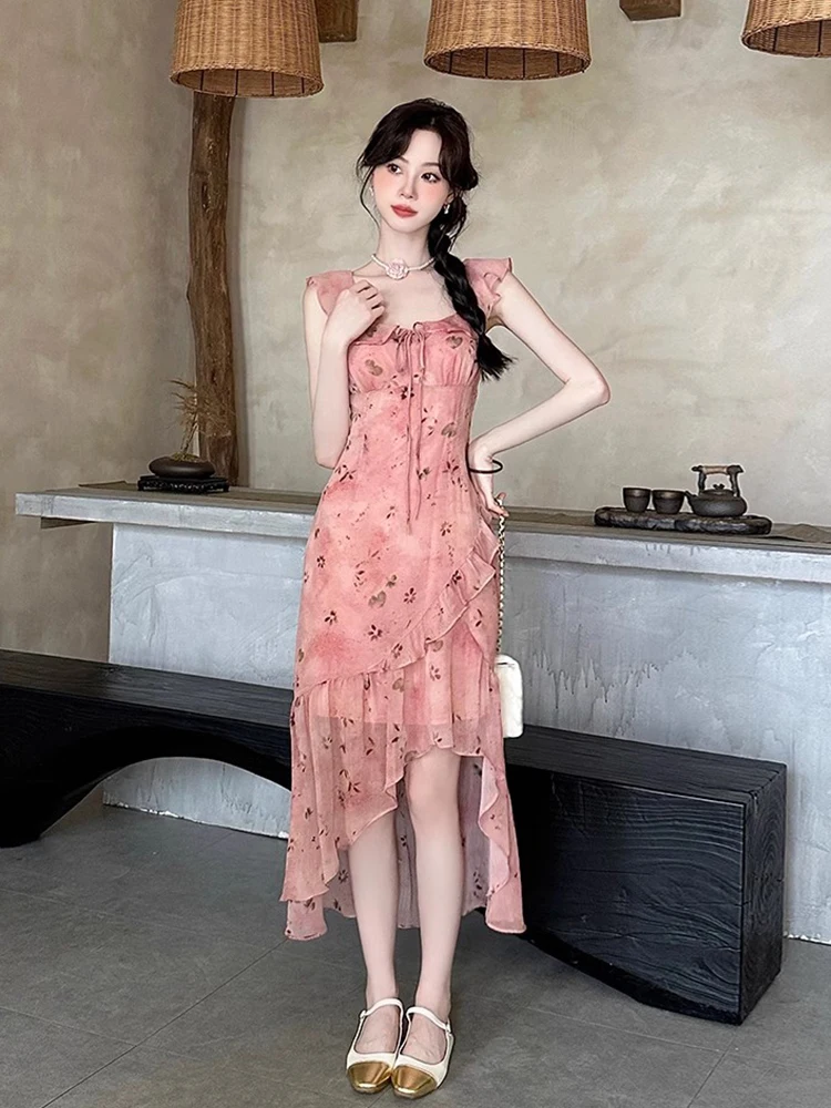 Vestido de Gasa con Estampado Floral de Verano, Cuello Cuad, Cintura Alta, Estilo Coreano, Vestido Largo para Mujer