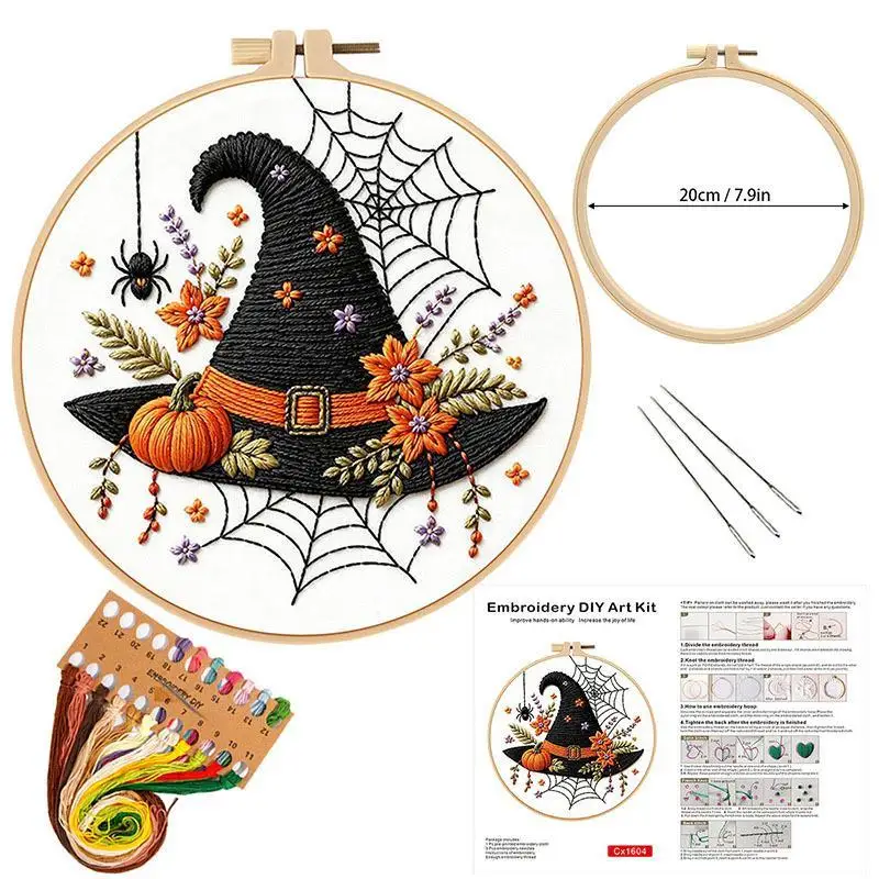 Kürbis-Skelett-Stickset mit englischer Anleitung, Faden, bedrucktem Stoff mit Muster, Set für DIY-Geschenk – Detail 3