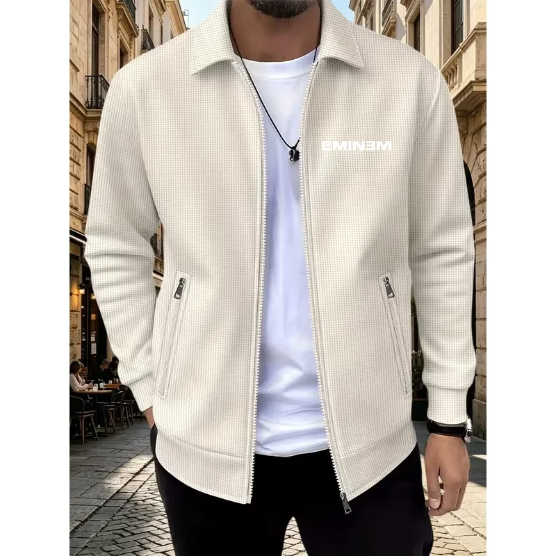 Men's Turn Down Collar Zip Up Jacket Eminem Letter Print Waffle Texture Casual Coat Autumn Long Sleeve Streetwear Male Outerwear view 4