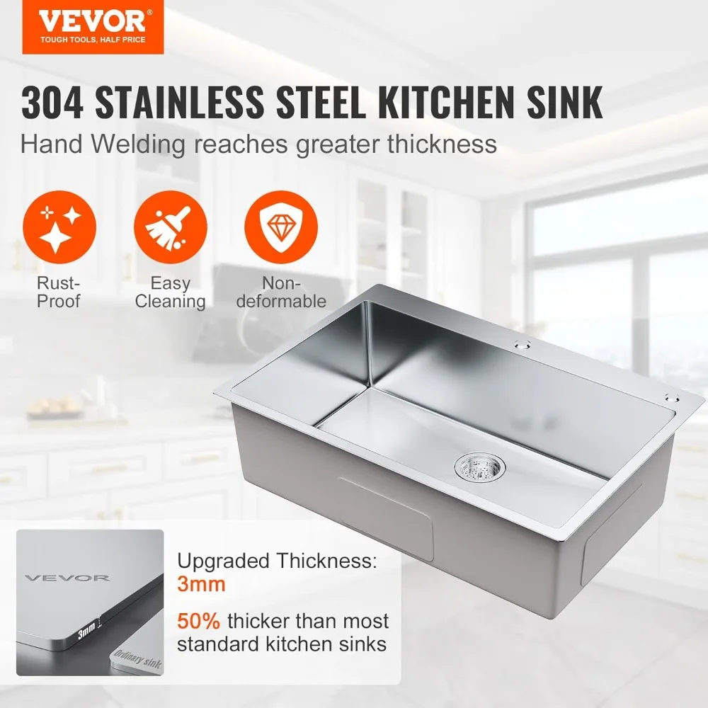 VEVOR Kitchen Sink, 304 Stainless Steel Drop-In Sinks, Top Mount Single Bowl Basin with Accessories, Household Dishwasher