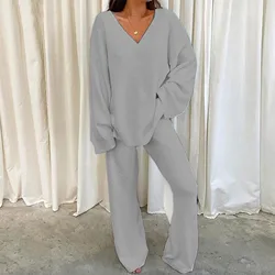 Autumn Winter Women's Comfortable Tracksuits Casual V-Neck Long Sleeve Pullover And Pants Warm Two Piece Set Women Fashion Sets