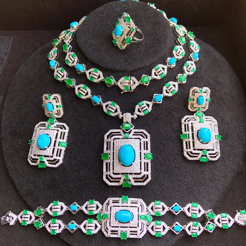 

GODKI New Fashion Turquoise UAE Dubai Bridal Jewelry Set For Women Wedding Party Nigerian African Necklace Earring Set