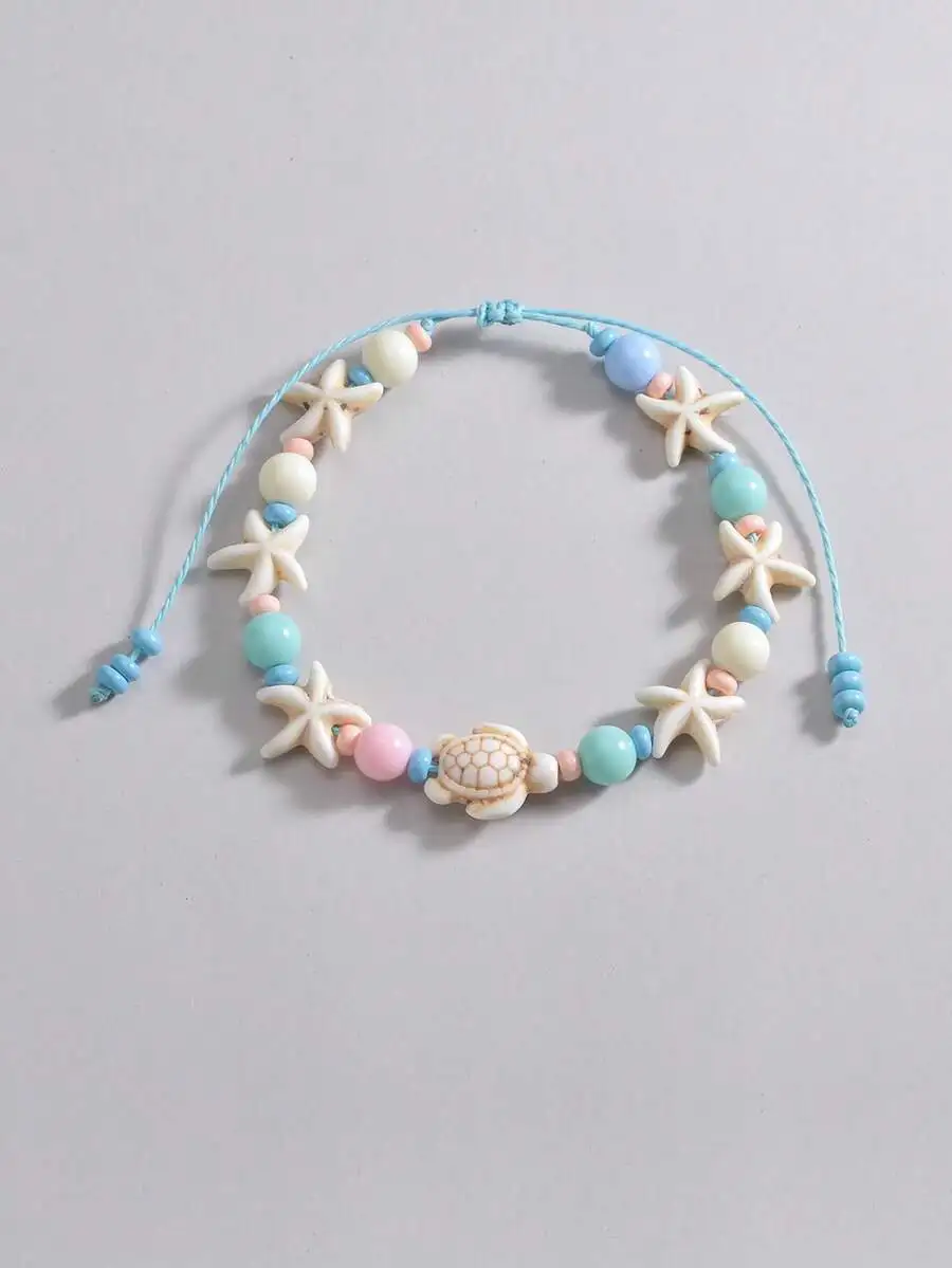 1pc vibrant turquoise starfish anklet woven with Korean wax thread for women view 3