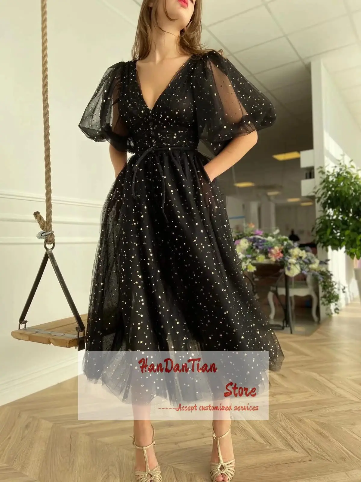 Short Prom Dress for Women Sparkle Starry Tulle Puffy Sleeve Formal Evening Gowns