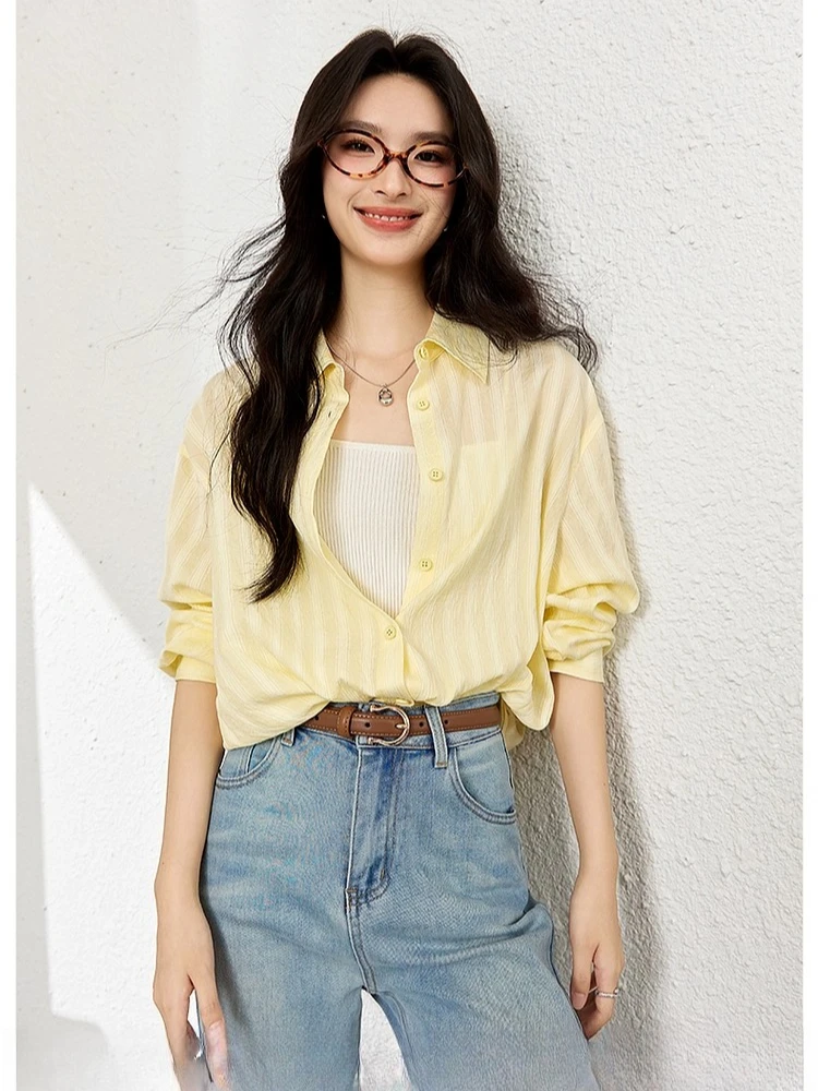 

VIMLY Yellow Vertical Striped Shirt French Women's Autumn 2025 Long Sleeve Loose Polo Neck Textured Tops Camiseta Mujer A1958