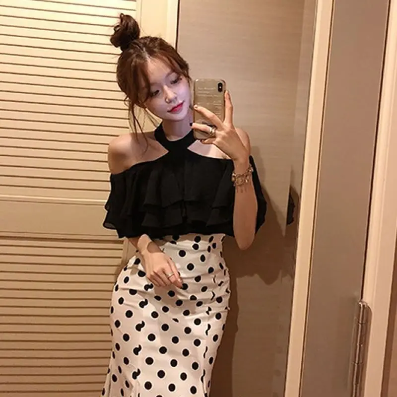 Off Shoulder Halter Sexy Chiffon Blouse New 2022 Korean Ruffles Summer Woman Shirt Short Sleeve Solid Loose White Black Tops