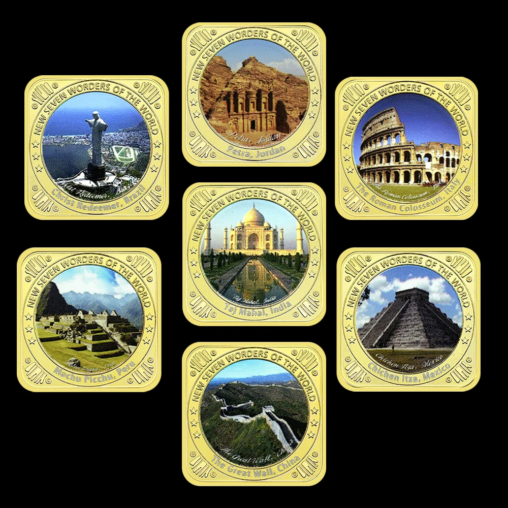 7Pcs/Set Gold Bar Commemorative Coin Seven Wonders of The World Nuggets Metal Relief Badge Collection Holiday Gift replica