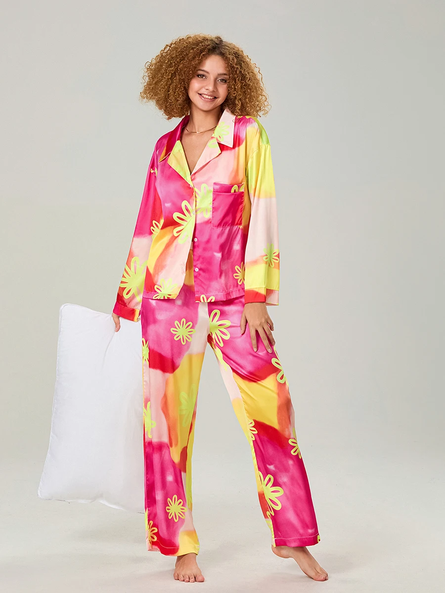 Women’s Fashion 2 Piece Silk Pajama Sets Long Sleeve Floral/Tie Dye Print Button Up Shirt + Pants Set Sleepwear Loungewear