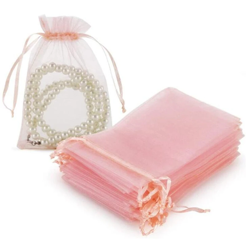 ขายส่ง 50 ชิ้น/ล็อตปรับ Organza กระเป๋า 5x7 ซม.7x9 ซม.9x12 ซม.10x15 ซม.สายรัดเครื่องประดับบรรจุภัณฑ์ Candy งานแต่งงานของขวัญกระเป๋า