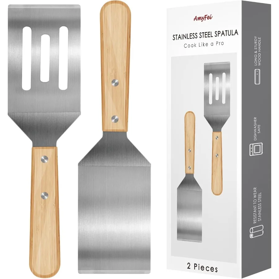 

2 Pieces Stainless Steel Spatula SetMetal Spatula for Cast Iron Skillet Metal Spatula for Cng with Wooden Handle Metal Spatulas