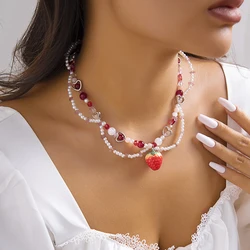 IngeSight.Z Sweet Imitation Pearl Strawberry Pendant Necklace Women Korean Fashion Heart Crystal Beaded Clavicle Choker Necklace