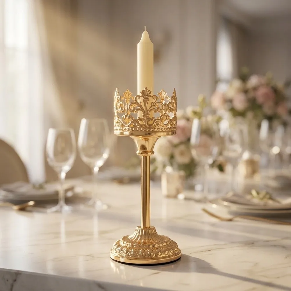 Three Tiered Height Crown Candle Holders in Golden Electroplated Iron for Layered Lighting Effect in Living Spaces