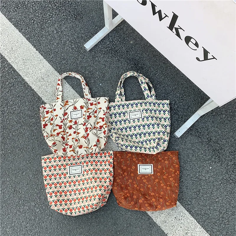 Vintage Women Corduroy Flower Handbag Cloth Bag hand carry bento bag Lady Casual Tote Bag Simple versatile bag