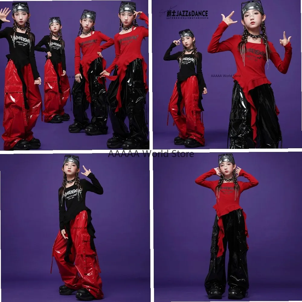 

Cosplay Hip Hop Dance Costume Long Sleeve Top with Bright Leather Pants for Kpop Stage Performance Streetwear Outfit