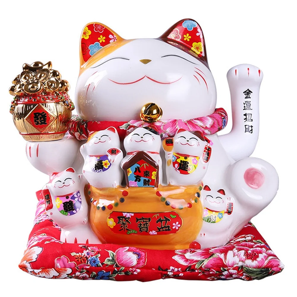 

7Inch Ceramic Beckoning Cat Maneki Ornament Feng Shui Decoration Swing ,A