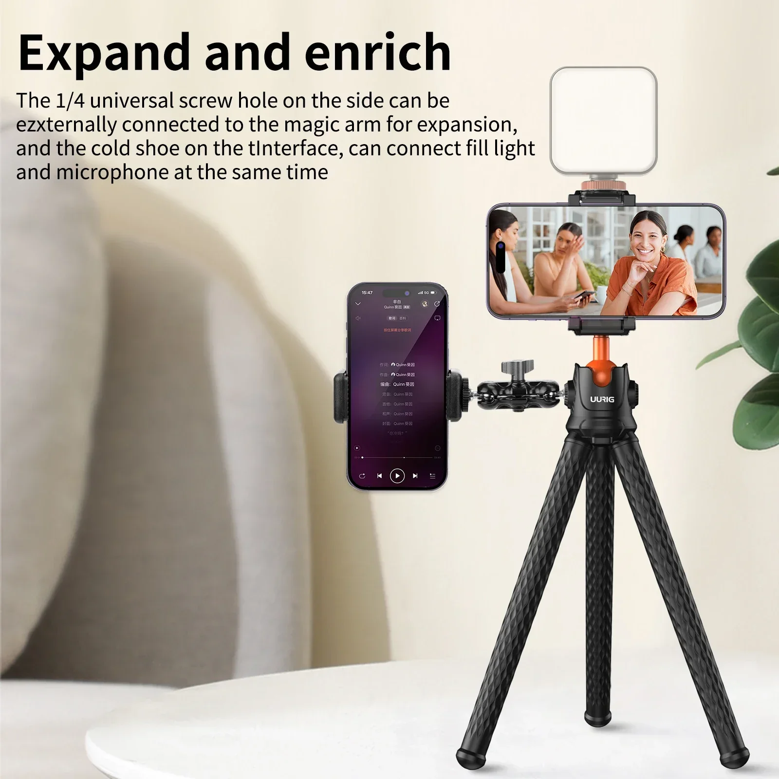 For UURIG VRIG TP-07 Octopus Tripod Stand with Holder 360° Ball Head Potable Vlogging Tripod for iPhone Samsung Canon Nikon Sony